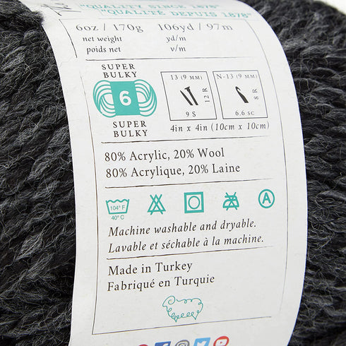 Lion  640-149 Wool-Ease Thick & Quick Yarn , 97 Meters, Charcoal